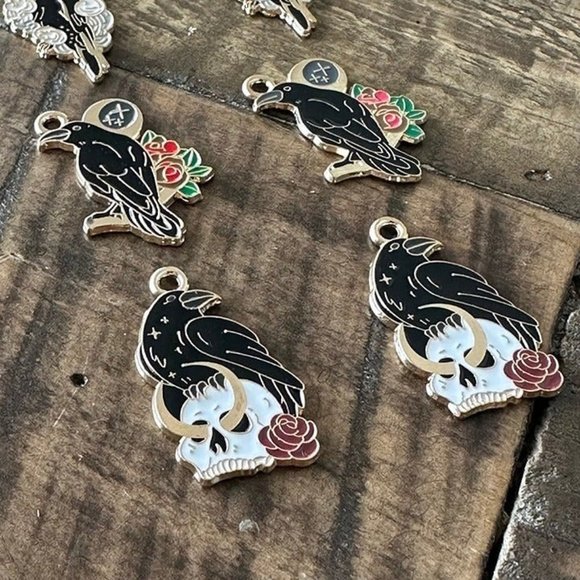 10pc Halloween Raven Charm Set  - Moon Skull - Raven Skull - Picture 5 of 8
